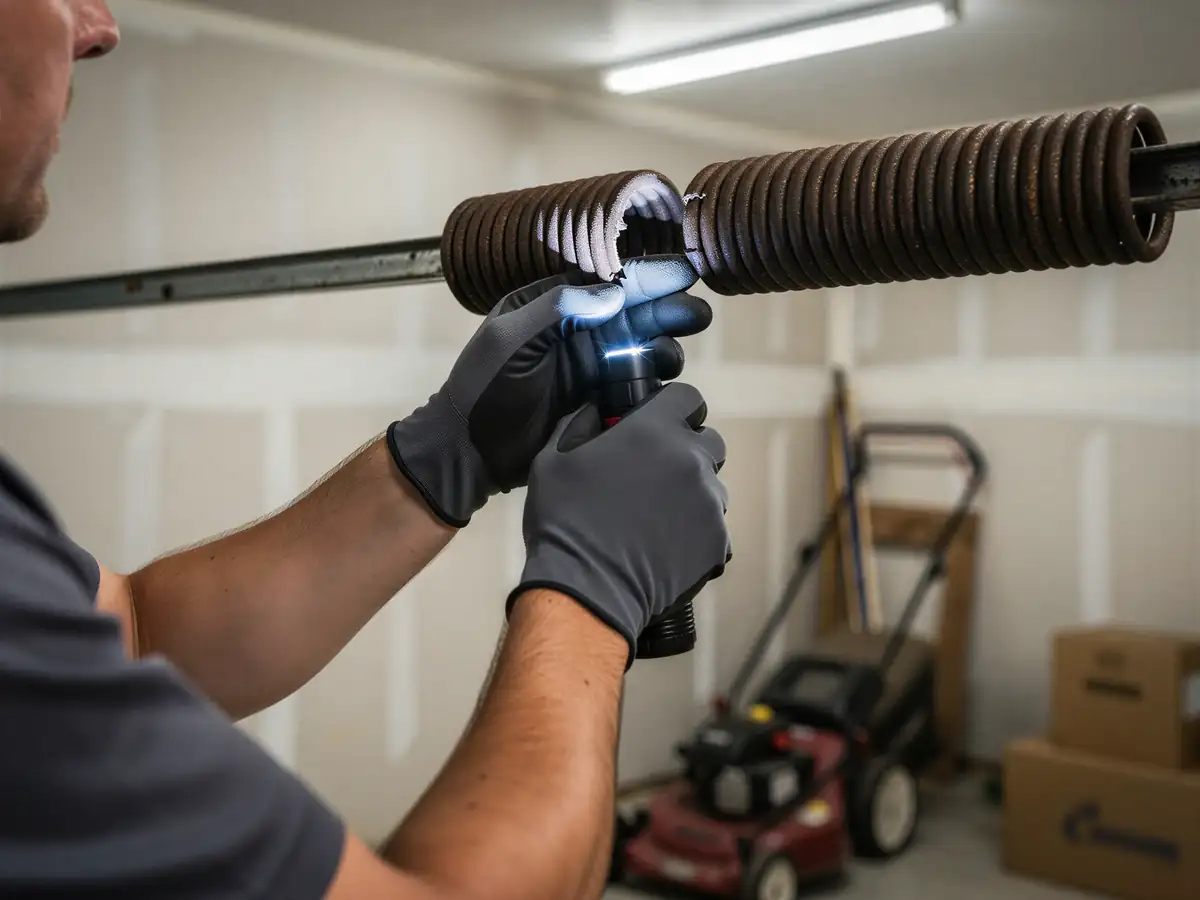 A technician shines a flashlight on a rusty garage door torsion spring.