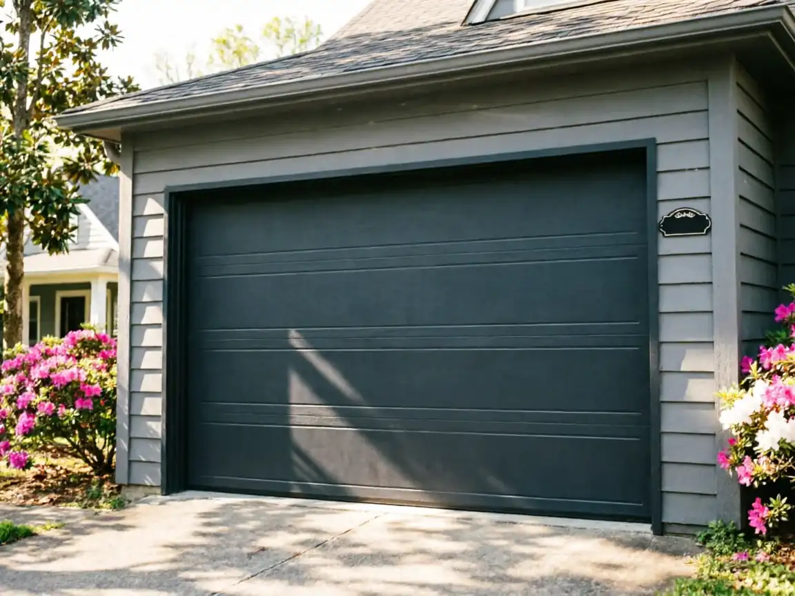 A dark gray garage door is on a gray house with pink and white flowers.