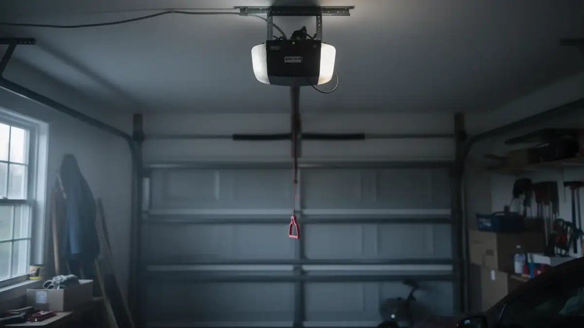 A garage door opener hangs from the ceiling with a red emergency release cord.