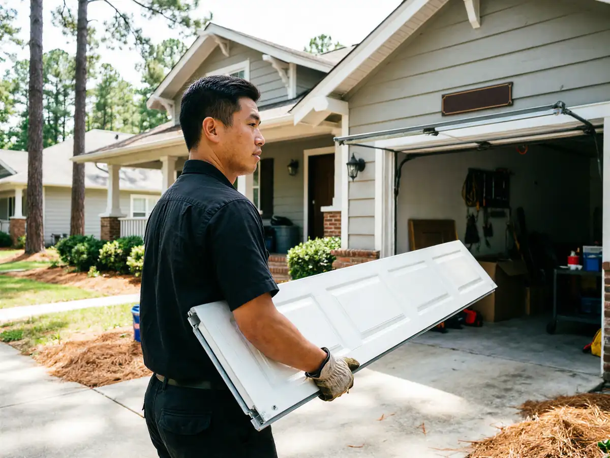 A technician carries a white garage door panel toward an open garage.
